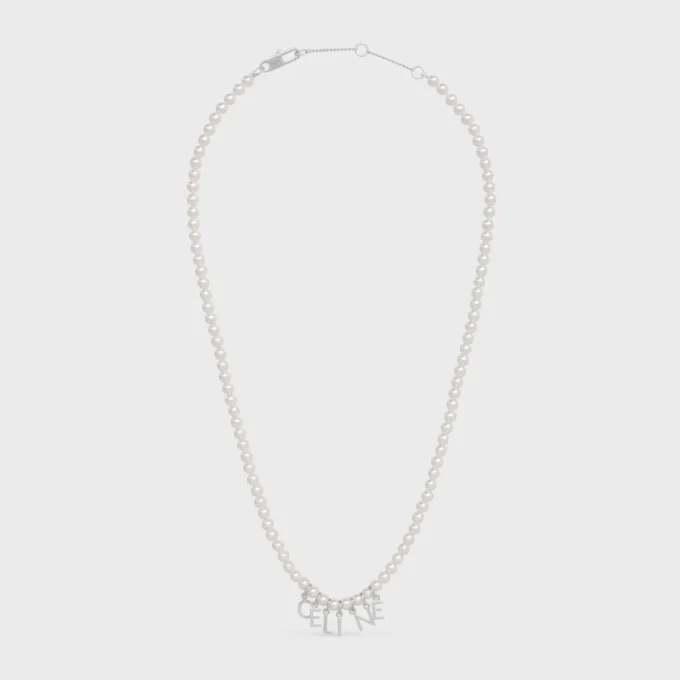 CELINE Monochroms halsband i glaspärlor och mässing med rodiumfinish