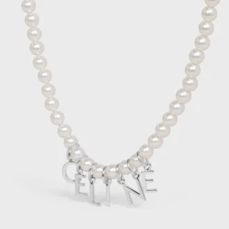 CELINE Monochroms halsband i glaspärlor och mässing med rodiumfinish