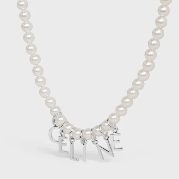 CELINE Monochroms halsband i glaspärlor och mässing med rodiumfinish