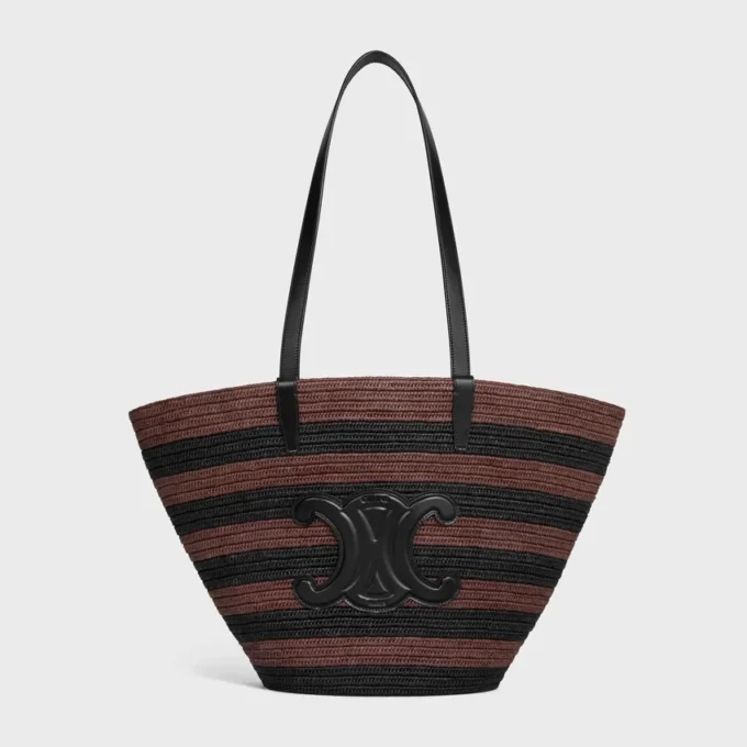 Couffin CELINE Classic Panier i randig raffia och kalvskinn Couffin CELINE Classic Panier i randig raffia och kalvskinn