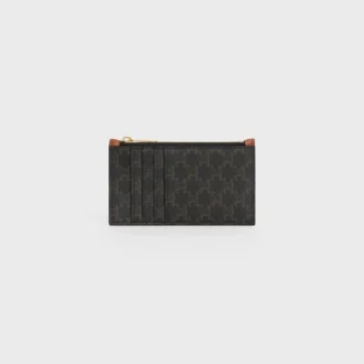 Kompakt korthållare med dragkedja i Triomphe Canvas och lammskinn