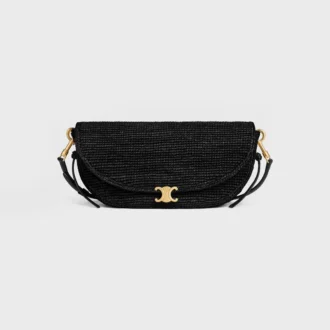 Liten halvmåneformad Soft Triomphe i raffia och lammskinn