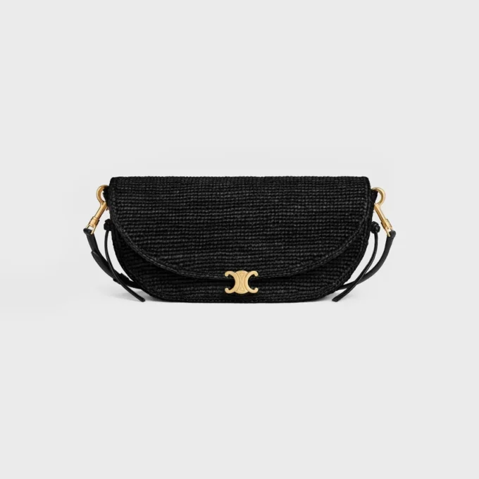 Liten halvmåneformad Soft Triomphe i raffia och lammskinn