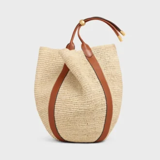 Stor Drop Bucket-väska i raffia och kalvskinn